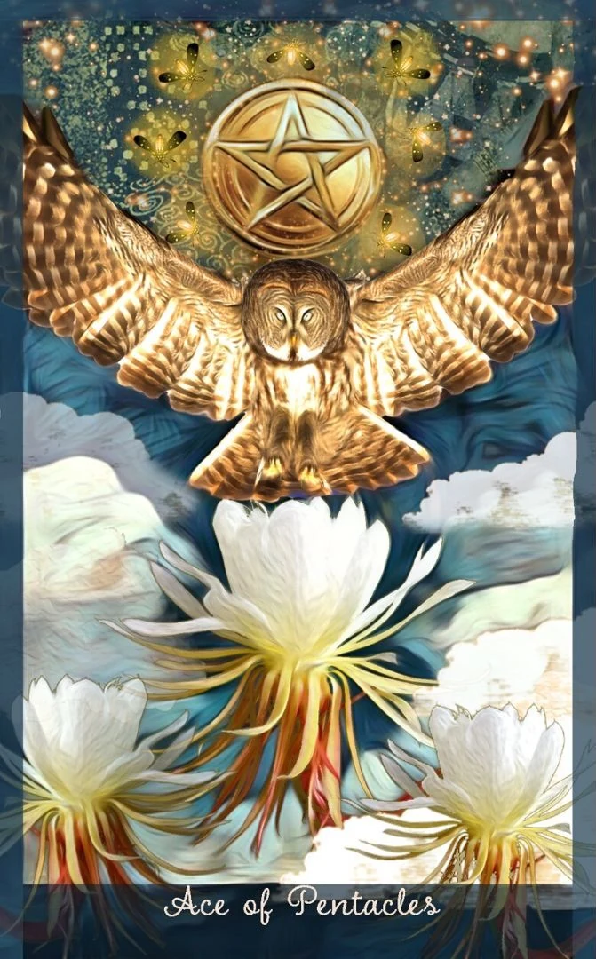 Ace of Pentacles card from the Guardian of the Night Tarot deck