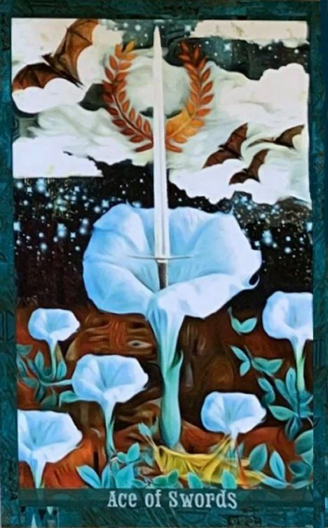 Ace of Swords card from the Guardian of the Night Tarot deck