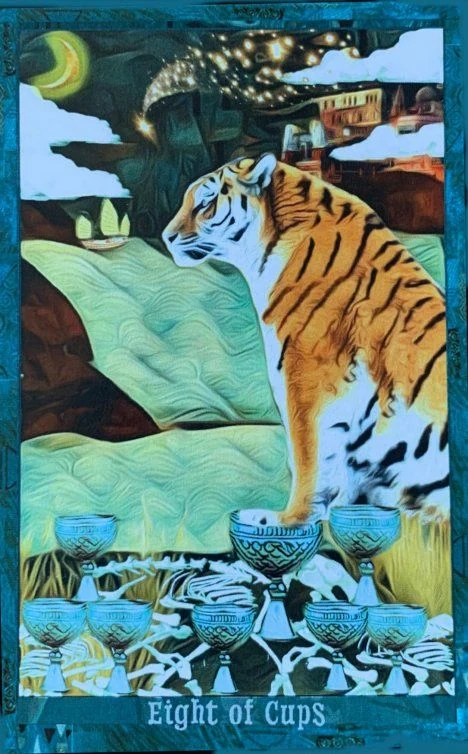 Eight of Cups card from the Guardian of the Night Tarot deck