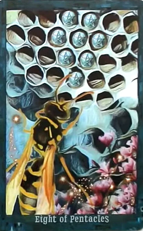 Eight of Pentacles card from the Guardian of the Night Tarot deck