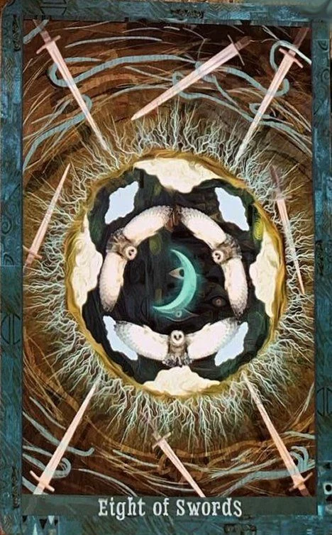 Eight of Swords card from the Guardian of the Night Tarot deck