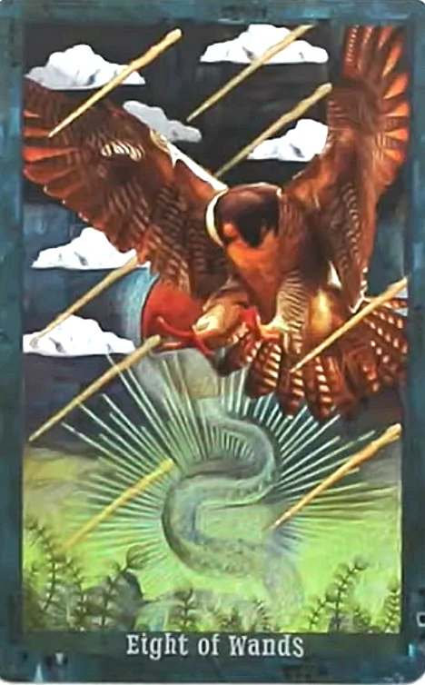 Eight of Wands card from the Guardian of the Night Tarot deck