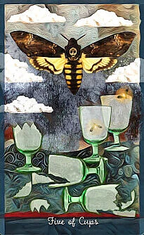 Five of Cups card from the Guardian of the Night Tarot deck
