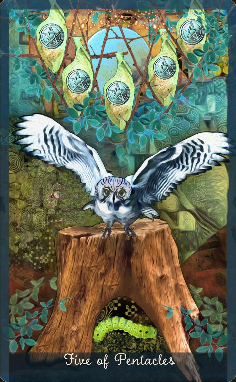 Five of Pentacles card from the Guardian of the Night Tarot deck