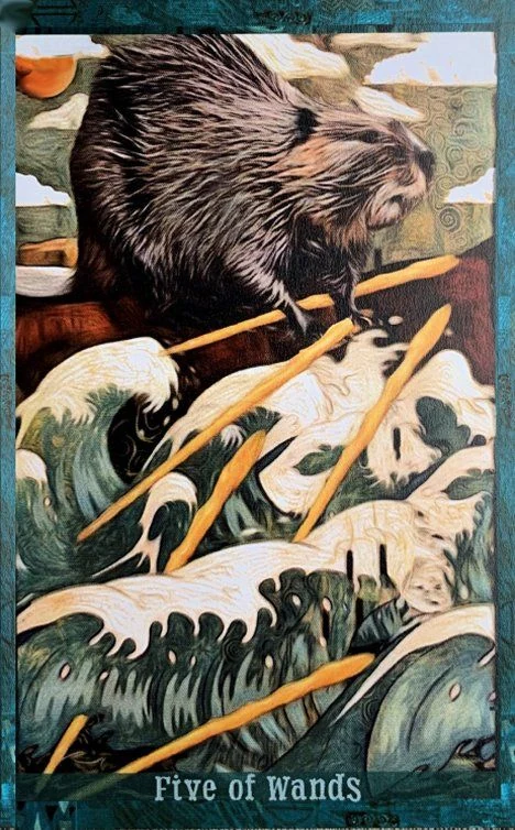 Five of Wands card from the Guardian of the Night Tarot deck