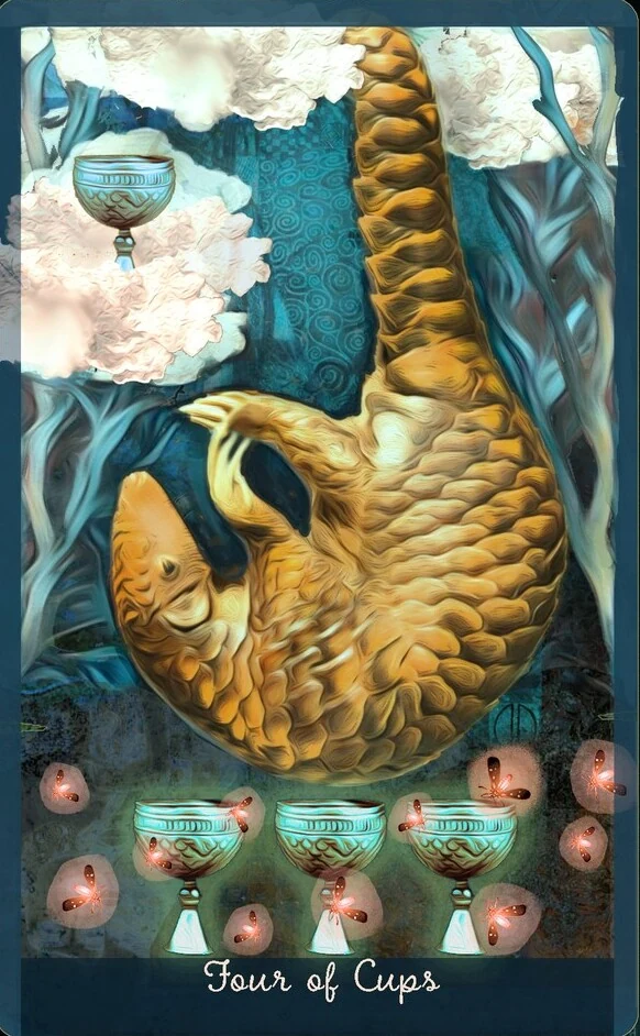 Four of Cups card from the Guardian of the Night Tarot deck