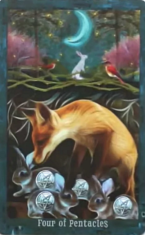 Four of Pentacles card from the Guardian of the Night Tarot deck