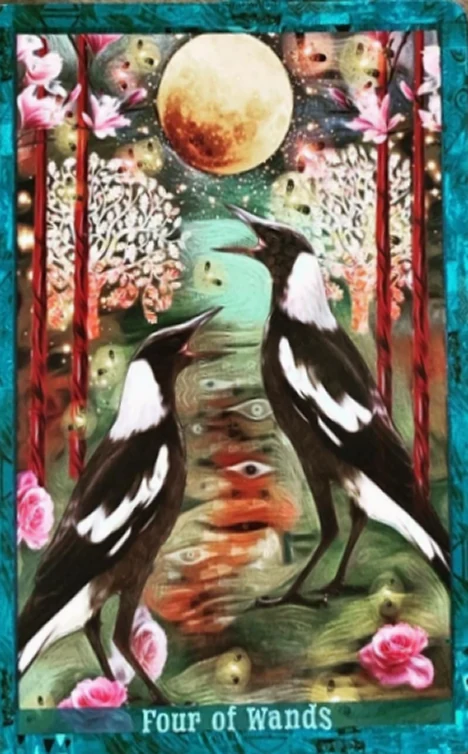 Four of Wands card from the Guardian of the Night Tarot deck