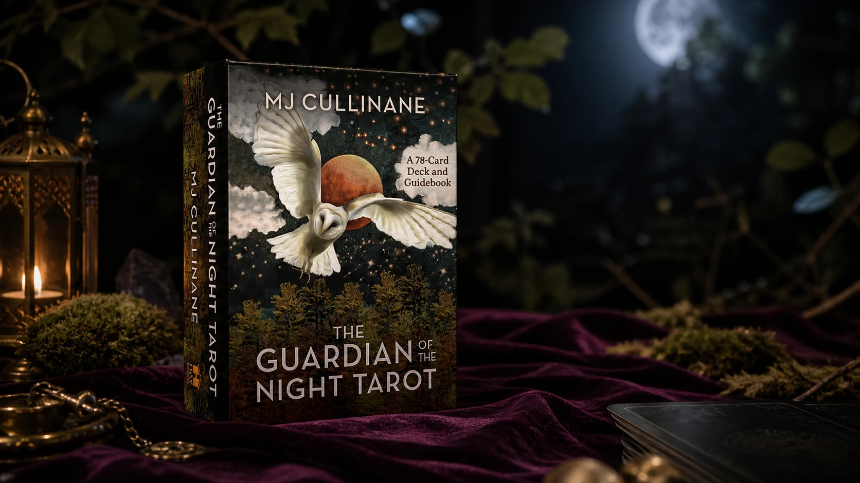 Guardian of the Night Tarot box in a moonlit woodland reading scene