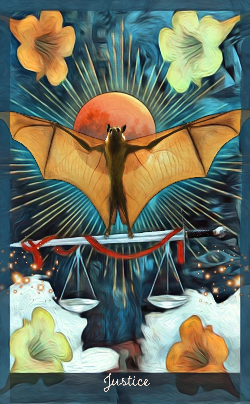 Justice card from the Guardian of the Night Tarot deck