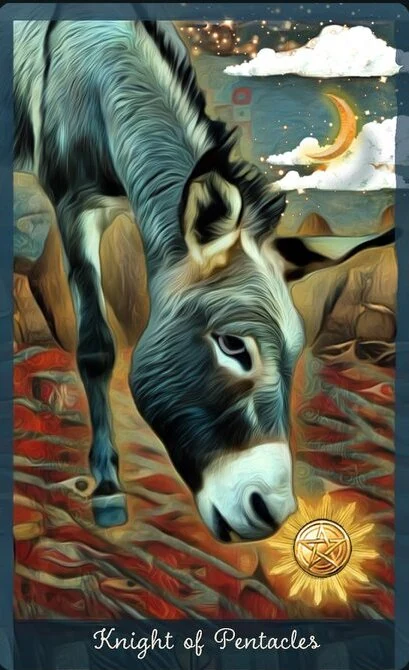 Knight of Pentacles card from the Guardian of the Night Tarot deck