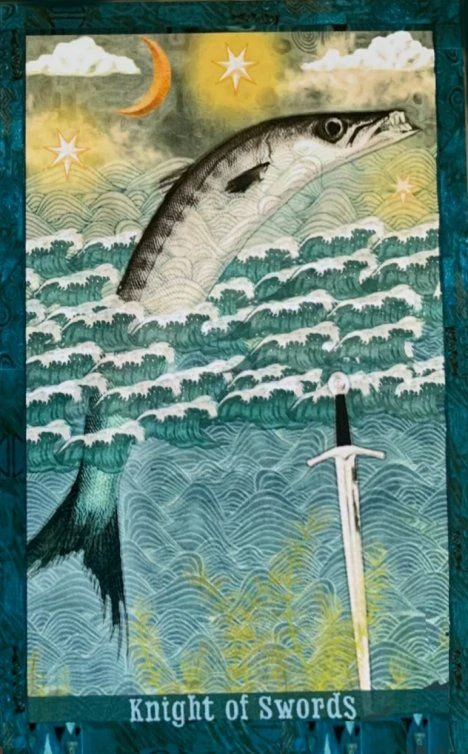 Knight of Swords card from the Guardian of the Night Tarot deck