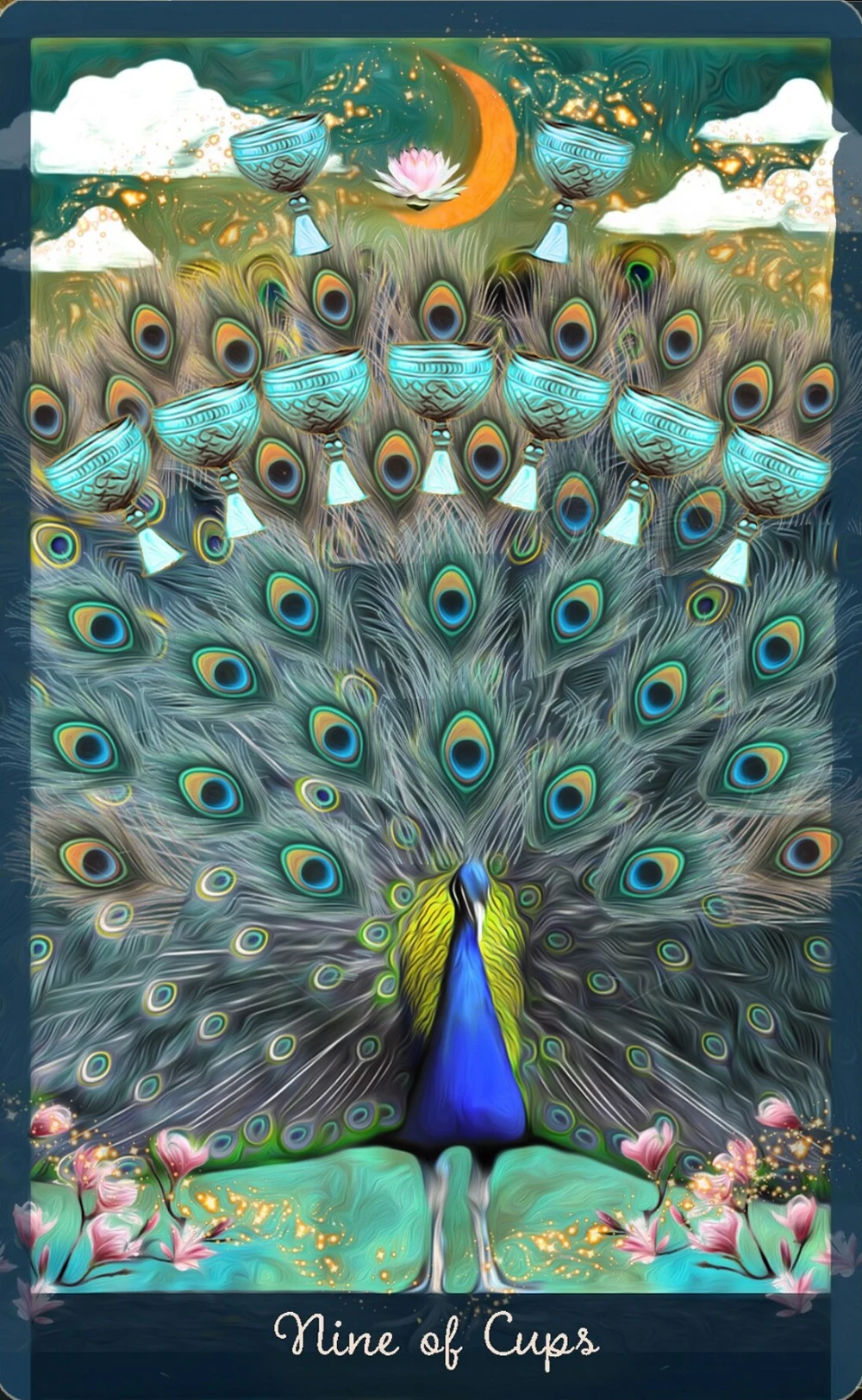 Nine of Cups card from the Guardian of the Night Tarot deck