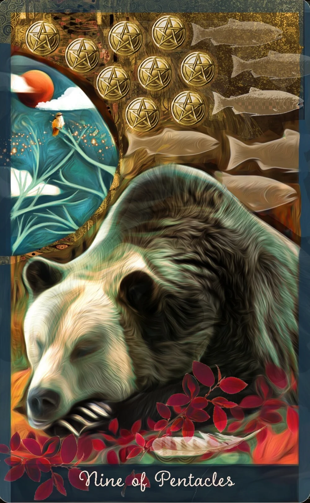 Nine of Pentacles card from the Guardian of the Night Tarot deck