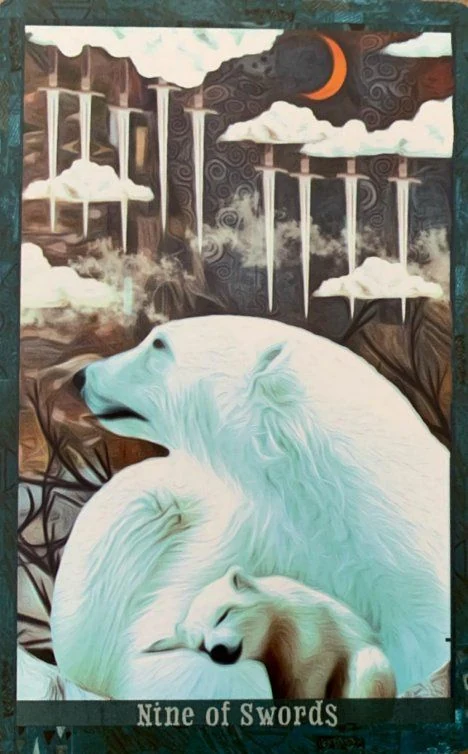 Nine of Swords card from the Guardian of the Night Tarot deck