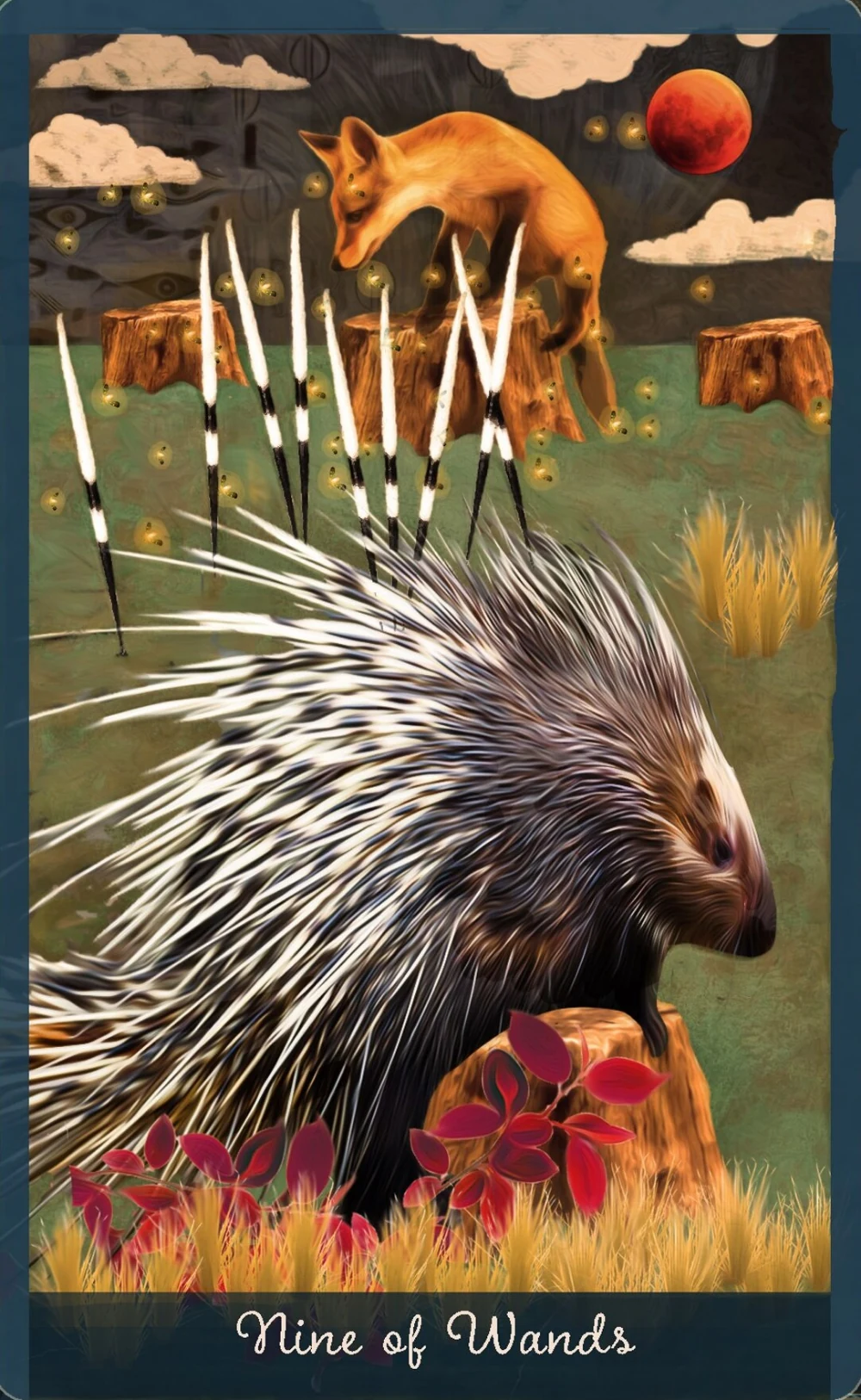 Nine of Wands card from the Guardian of the Night Tarot deck
