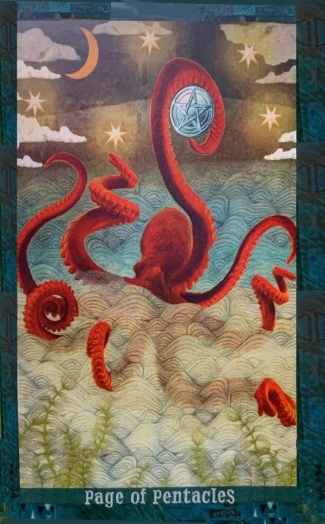 Page of Pentacles card from the Guardian of the Night Tarot deck
