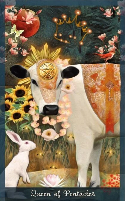 Queen of Pentacles card from the Guardian of the Night Tarot deck