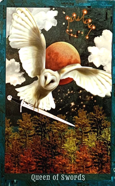 Queen of Swords card from the Guardian of the Night Tarot deck