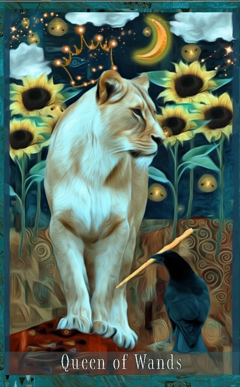 Queen of Wands card from the Guardian of the Night Tarot deck