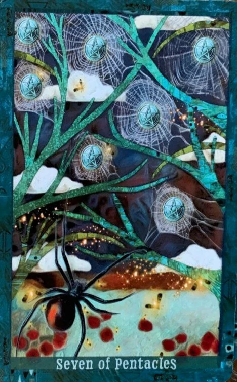 Seven of Pentacles card from the Guardian of the Night Tarot deck
