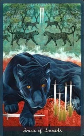 Seven of Swords card from the Guardian of the Night Tarot deck