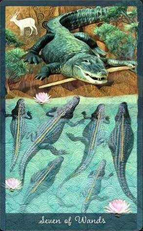 Seven of Wands card from the Guardian of the Night Tarot deck