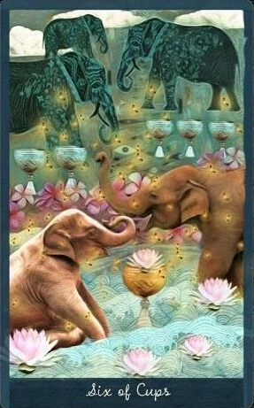Six of Cups card from the Guardian of the Night Tarot deck