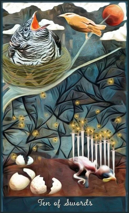 Ten of Swords card from the Guardian of the Night Tarot deck