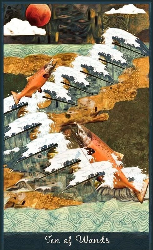 Ten of Wands card from the Guardian of the Night Tarot deck