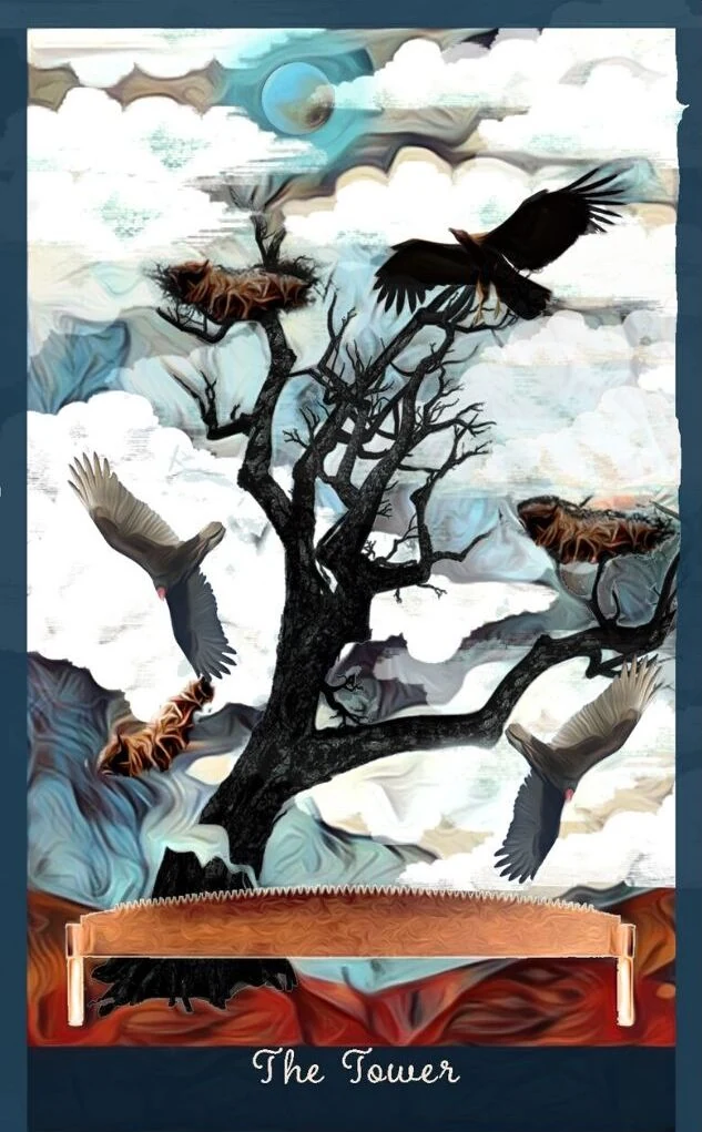 The Tower card from the Guardian of the Night Tarot deck