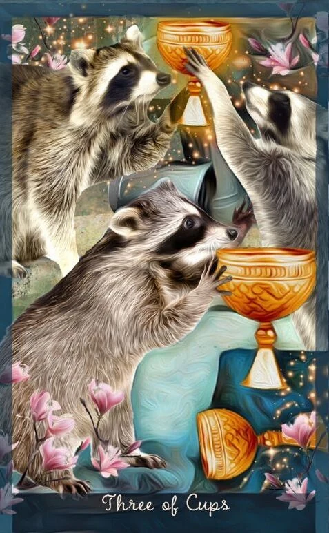 Three of Cups card from the Guardian of the Night Tarot deck