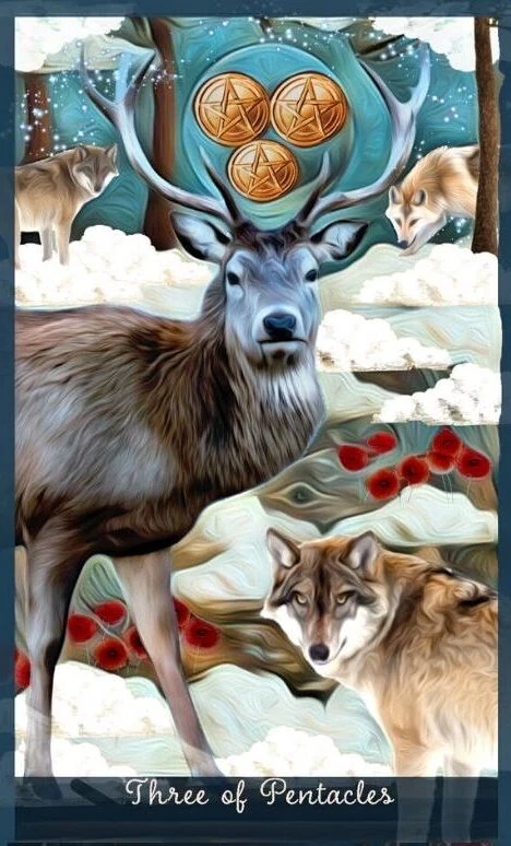 Three of Pentacles card from the Guardian of the Night Tarot deck