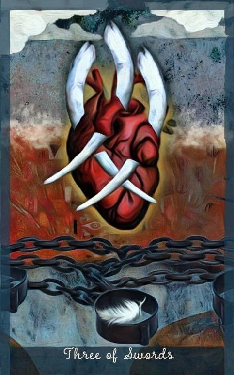 Three of Swords card from the Guardian of the Night Tarot deck