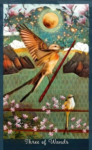 Three of Wands card from the Guardian of the Night Tarot deck