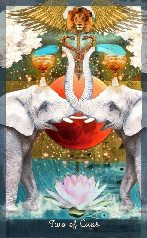 Two of Cups card from the Guardian of the Night Tarot deck