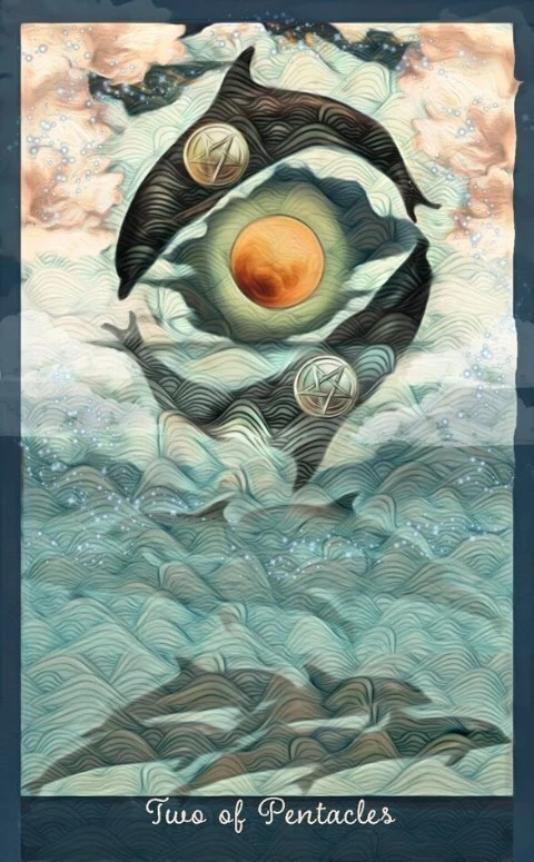 Two of Pentacles card from the Guardian of the Night Tarot deck