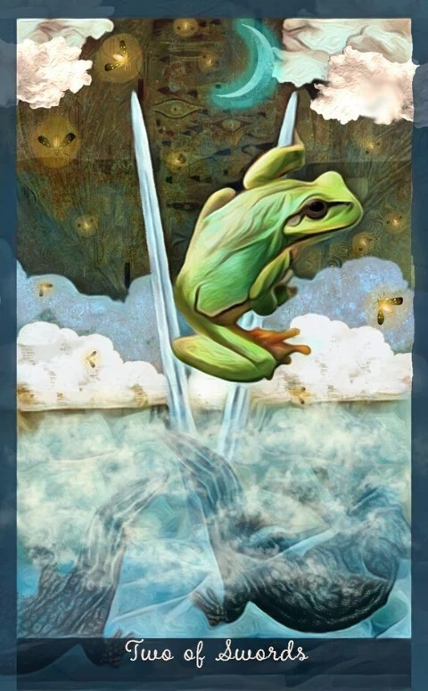 Two of Swords card from the Guardian of the Night Tarot deck