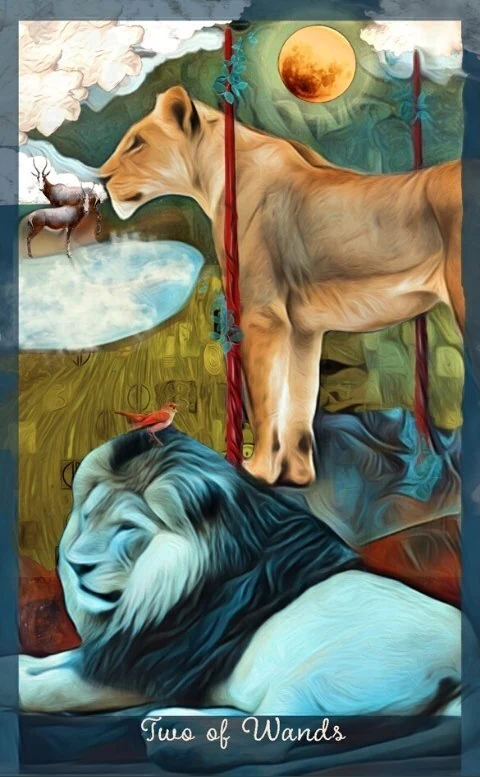 Two of Wands card from the Guardian of the Night Tarot deck
