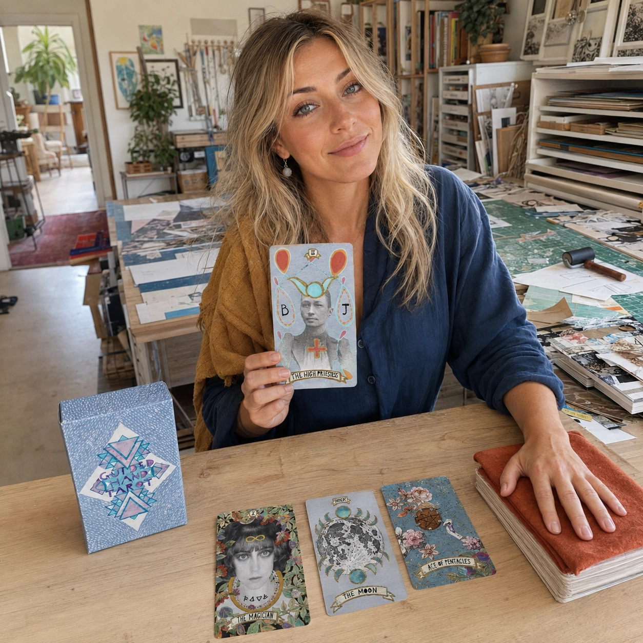 Aurica presenting The High Priestess from Guided Hand Tarot beside its box, three-card spread, and stacked deck