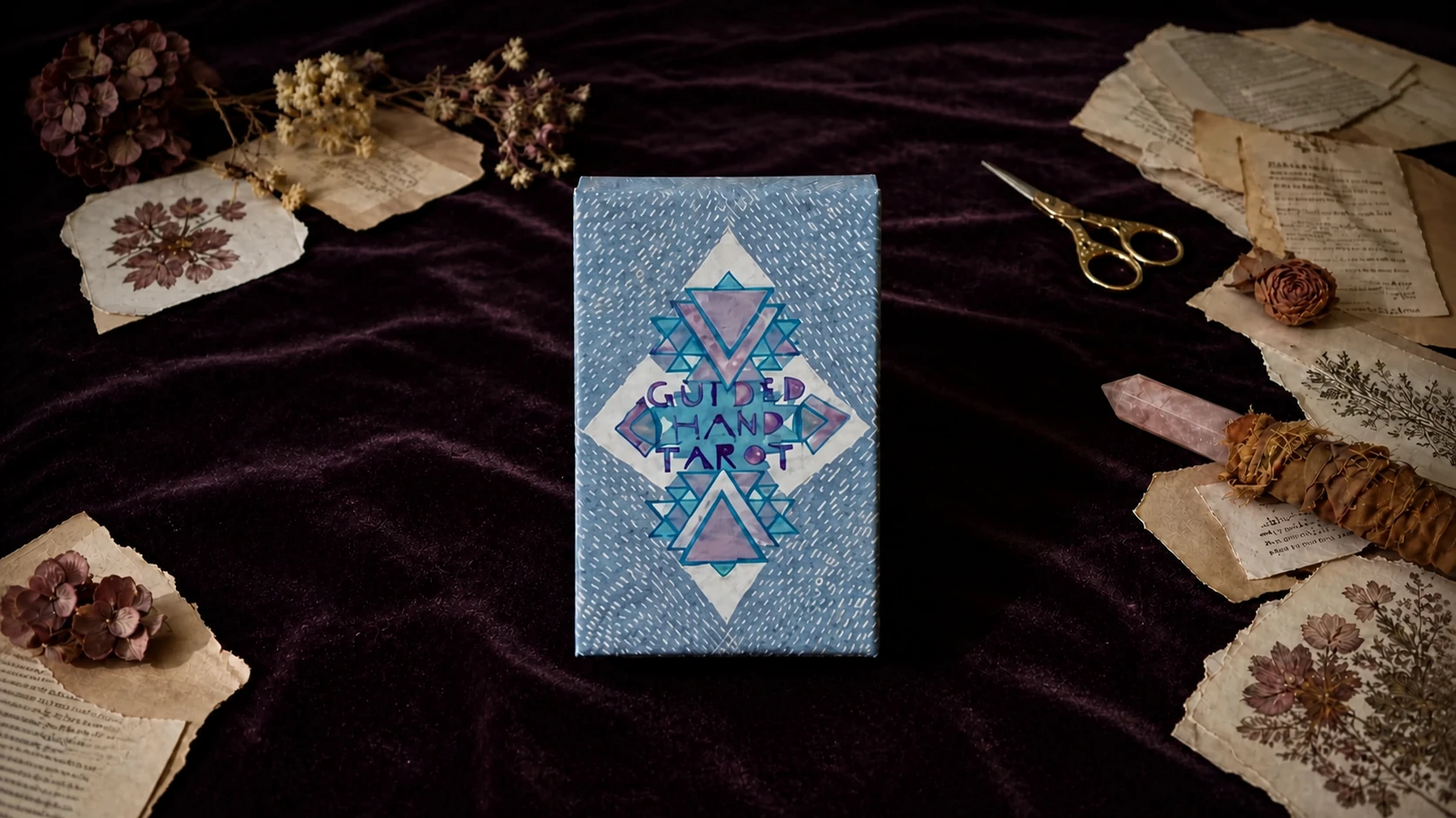 Guided Hand Tarot box by Irene Mudd in a plum collage-inspired reading scene
