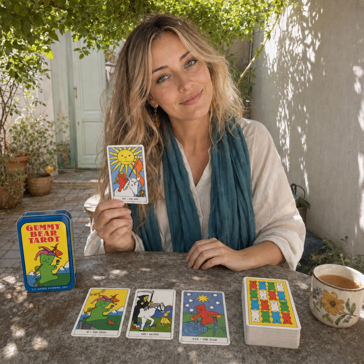 Aurica presenting The Sun from Gummy Bear Tarot beside its blue tin, face-up spread, and stacked deck