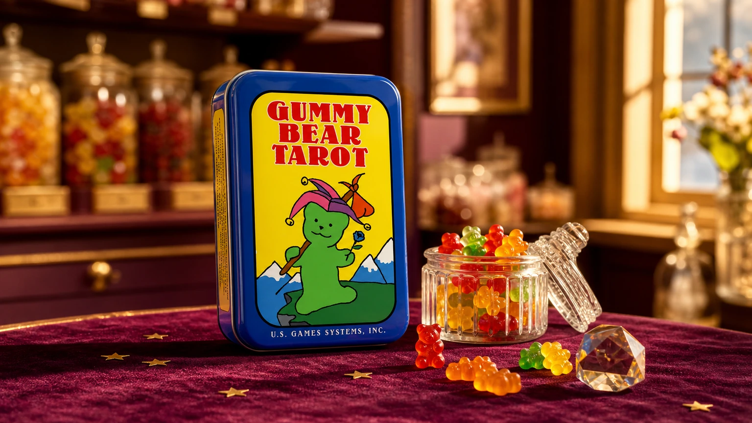 Gummy Bear Tarot tin in a naturally lit boutique confectionery tarot scene