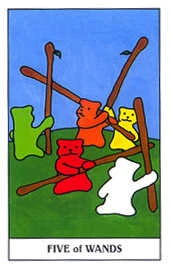 Five of Wands card from the Gummy Bear Tarot deck
