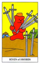 Seven of Swords card from the Gummy Bear Tarot deck