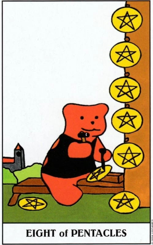Eight of Pentacles card from the Gummy Bear Tarot deck