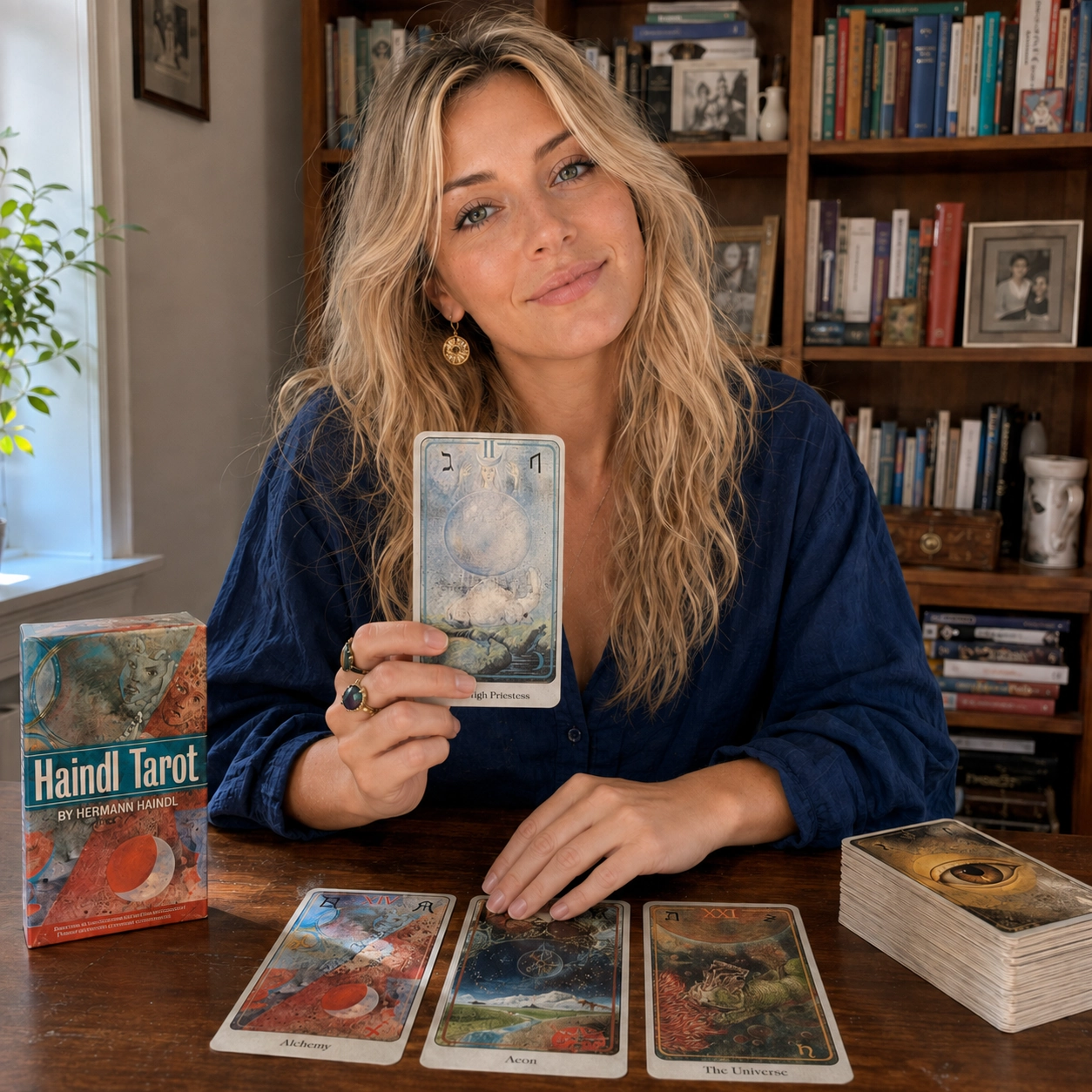 Aurica holding The High Priestess from Haindl Tarot beside the deck box, a three-card spread and stacked deck