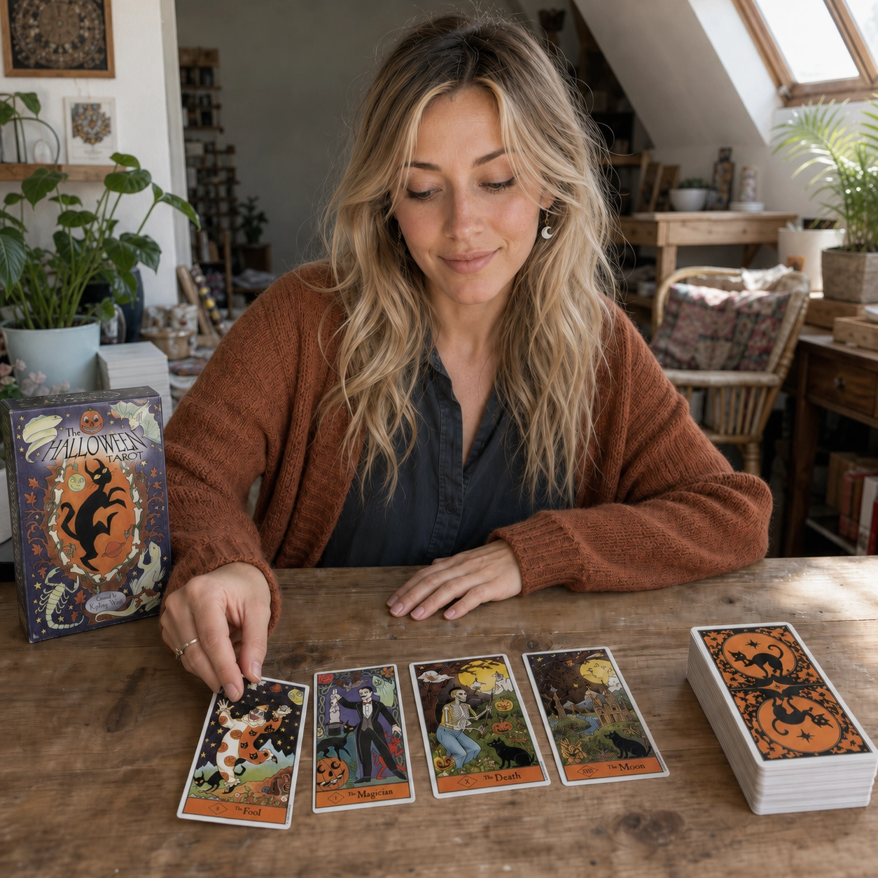 Aurica placing The Fool from Halloween Tarot beside its box, four-card spread, and stacked deck