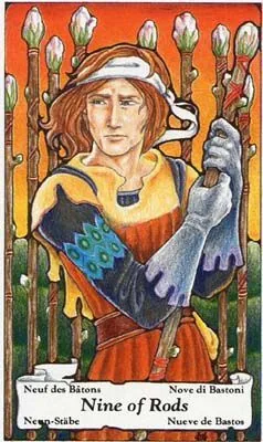 9 of Rods card from the Hanson-Roberts Tarot deck by Mary Hanson-Roberts