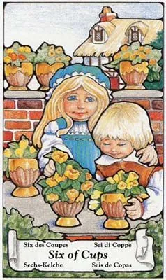 6 of Cups card from the Hanson-Roberts Tarot deck by Mary Hanson-Roberts